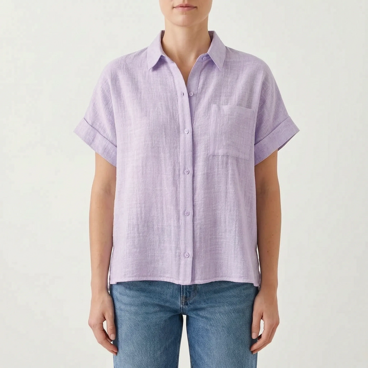 Everyday women's short sleeve button-down shirt, loose fit, perfect casual summer top.
