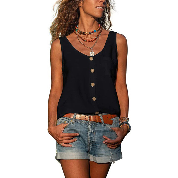 Women's casual sleeveless tunic blouse with a relaxed loose fit. Perfect for everyday summer comfort.