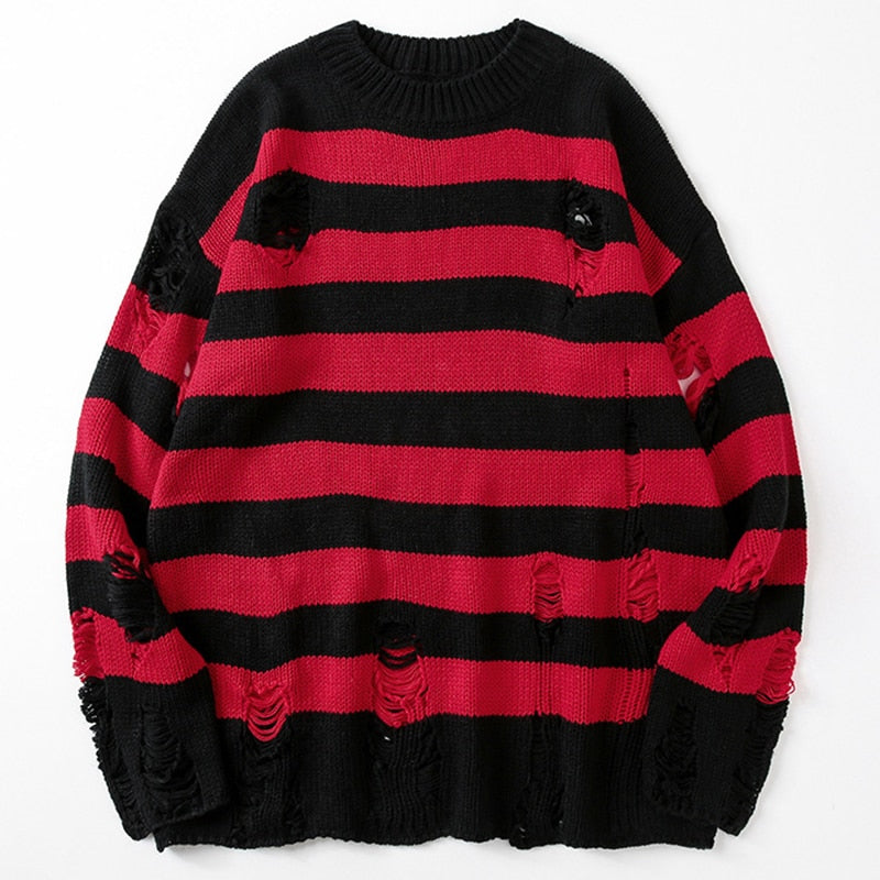 Women's loose fit striped sweater with ripped design, long sleeves, perfect for casual, trendy streetwear.