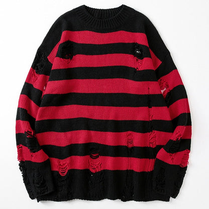 Women's loose fit striped sweater with ripped design, long sleeves, perfect for casual, trendy streetwear.