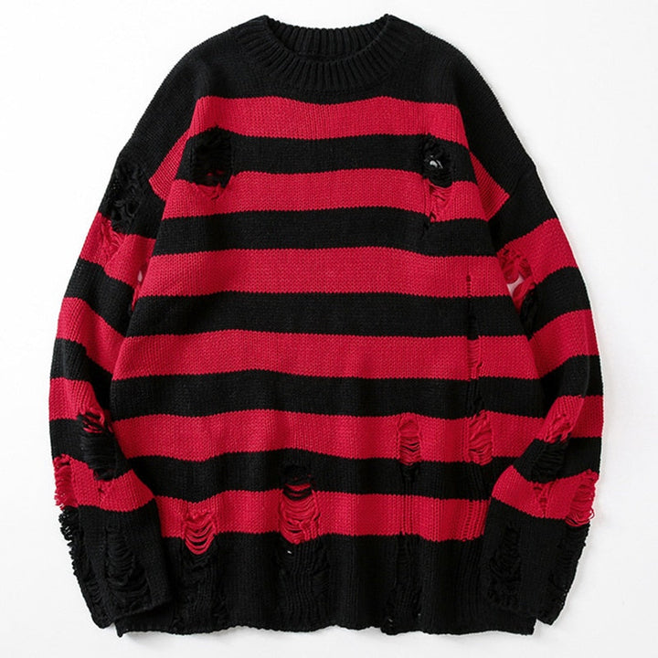 Women's loose fit striped sweater with ripped design, long sleeves, perfect for casual, trendy streetwear.