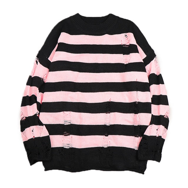 Trendy women's long sleeve striped pullover, a loose fit sweater with a chic ripped design for effortless style.