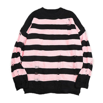 Trendy women's long sleeve striped pullover, a loose fit sweater with a chic ripped design for effortless style.