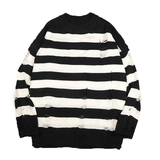 Fashionable women's casual striped sweater, a loose fit, long sleeve top with a unique ripped streetwear design.