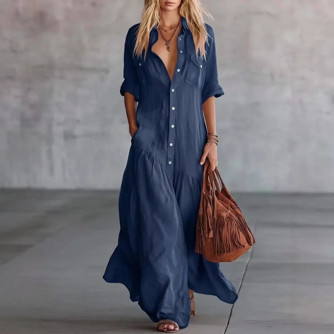 Women's loose tiered button-down maxi dress for summer, ideal for casual everyday wear & travel.