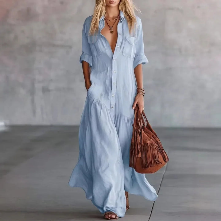 Flowy loose fit women's tiered maxi dress with button front, perfect as a comfortable summer casual outfit.