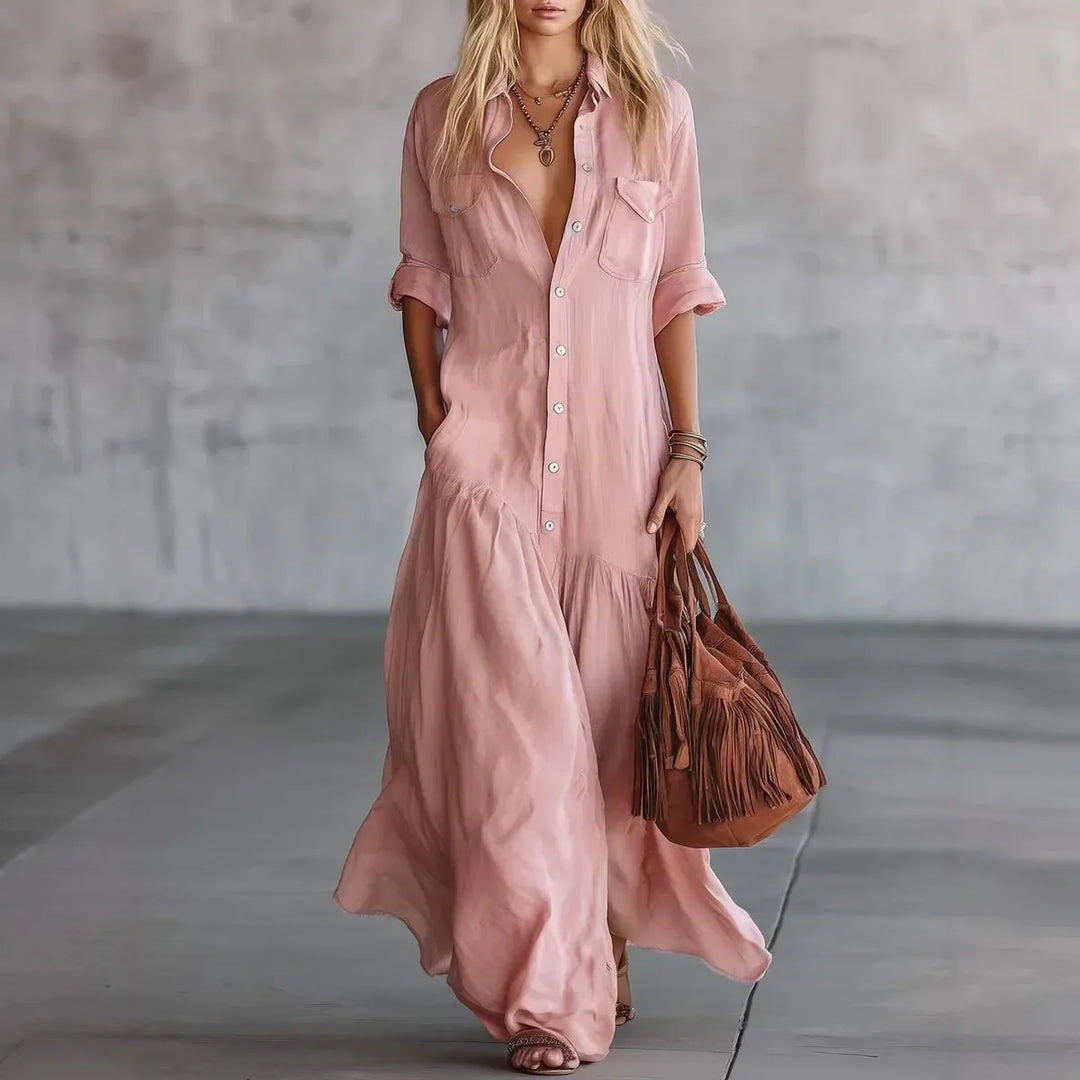 Stylish women's long summer tiered dress with button-down detail, great for beach or everyday fashion.