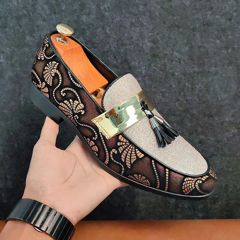 Side view of Lucentus women's slip-on loafers. Bold and elegant formal footwear, comfortable for any evening occasion.