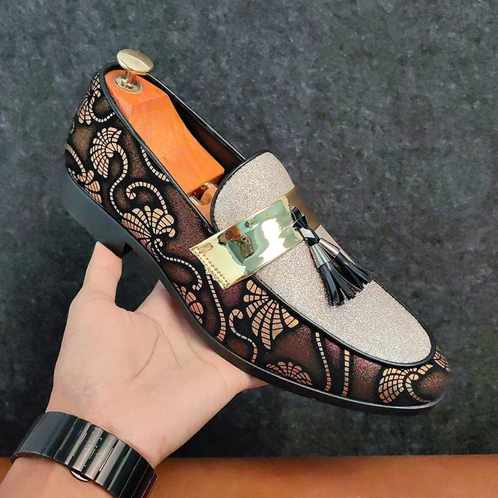 Side view of Lucentus women's slip-on loafers. Bold and elegant formal footwear, comfortable for any evening occasion.