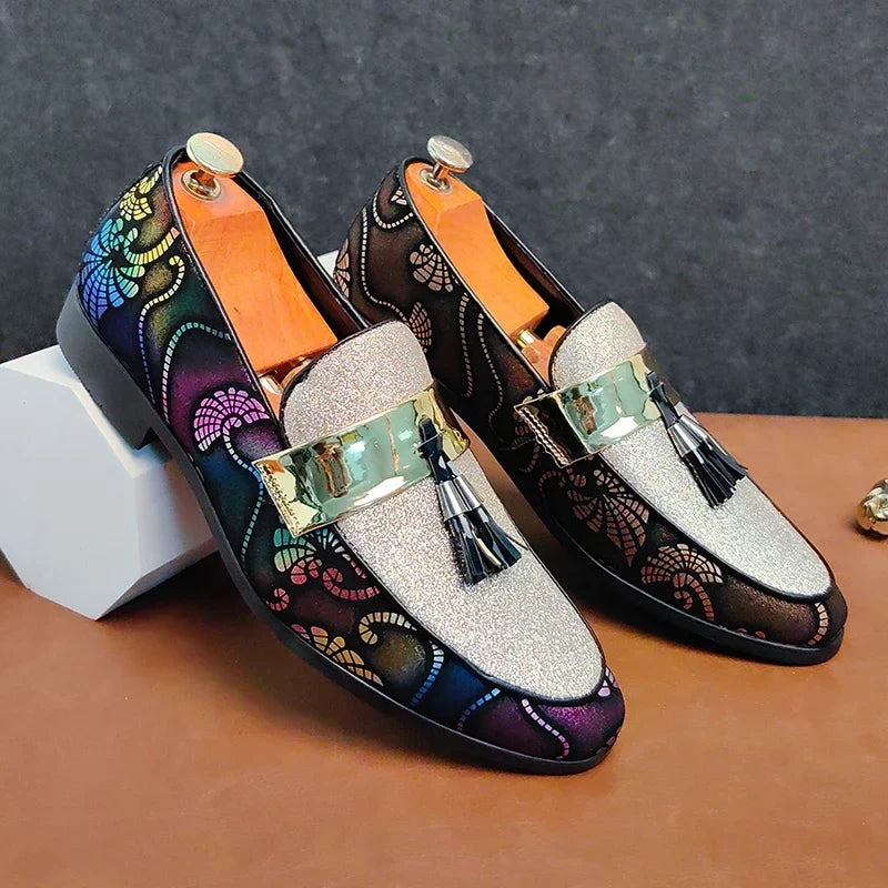 Detail shot of Lucentus women's elegant loafers. Bold statement slip-on shoes for comfort & style in evening fashion.