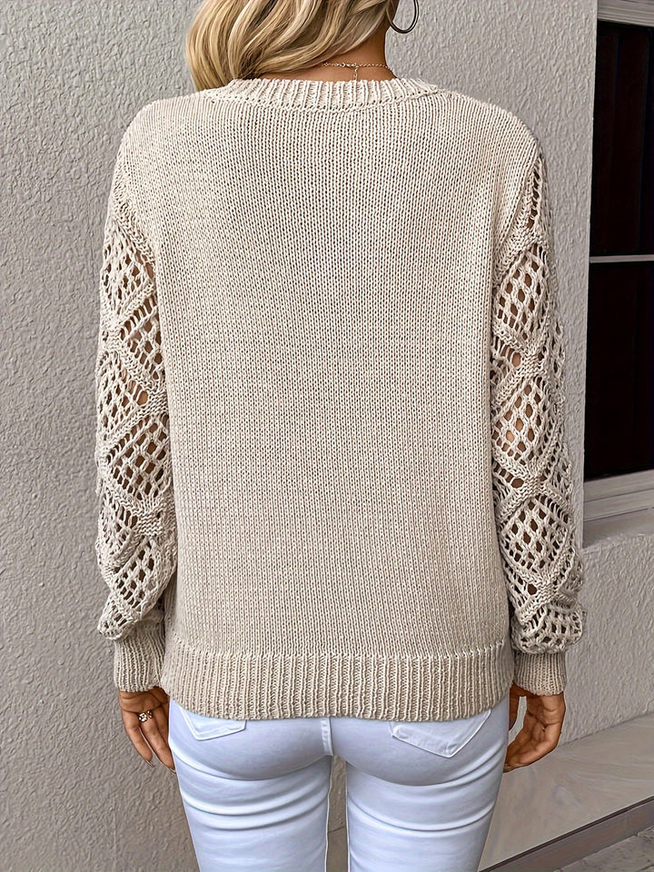 Casual yet chic Luna V-neck knit sweater for women, showcasing unique hollow-out long sleeves.