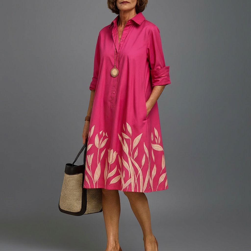 Women's luxe floral midi shirt dress with fuchsia print, button-down front & elegant silhouette, perfect for summer.