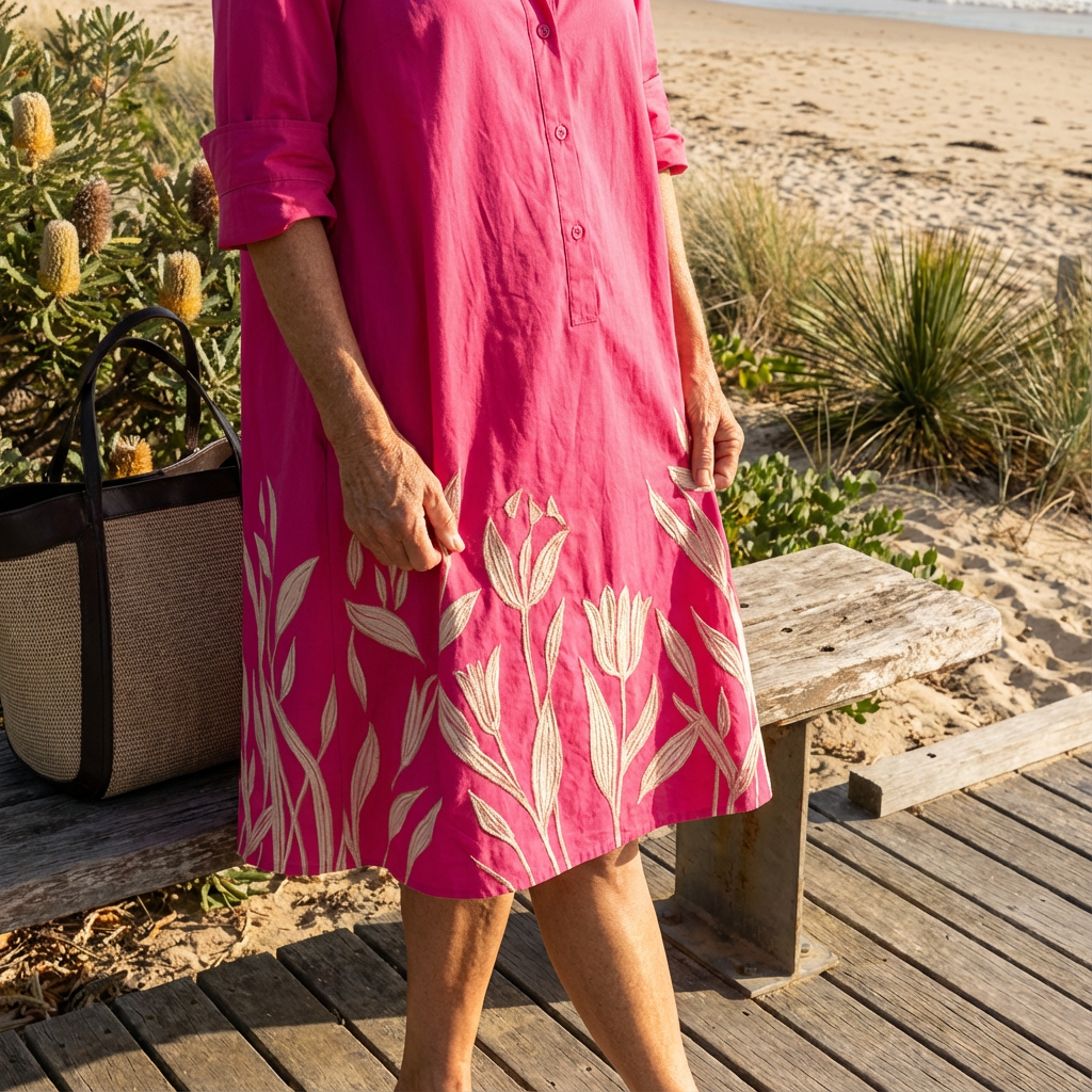 Stylish women's floral midi dress featuring a vibrant fuchsia print, elegant design & button-down detailing.