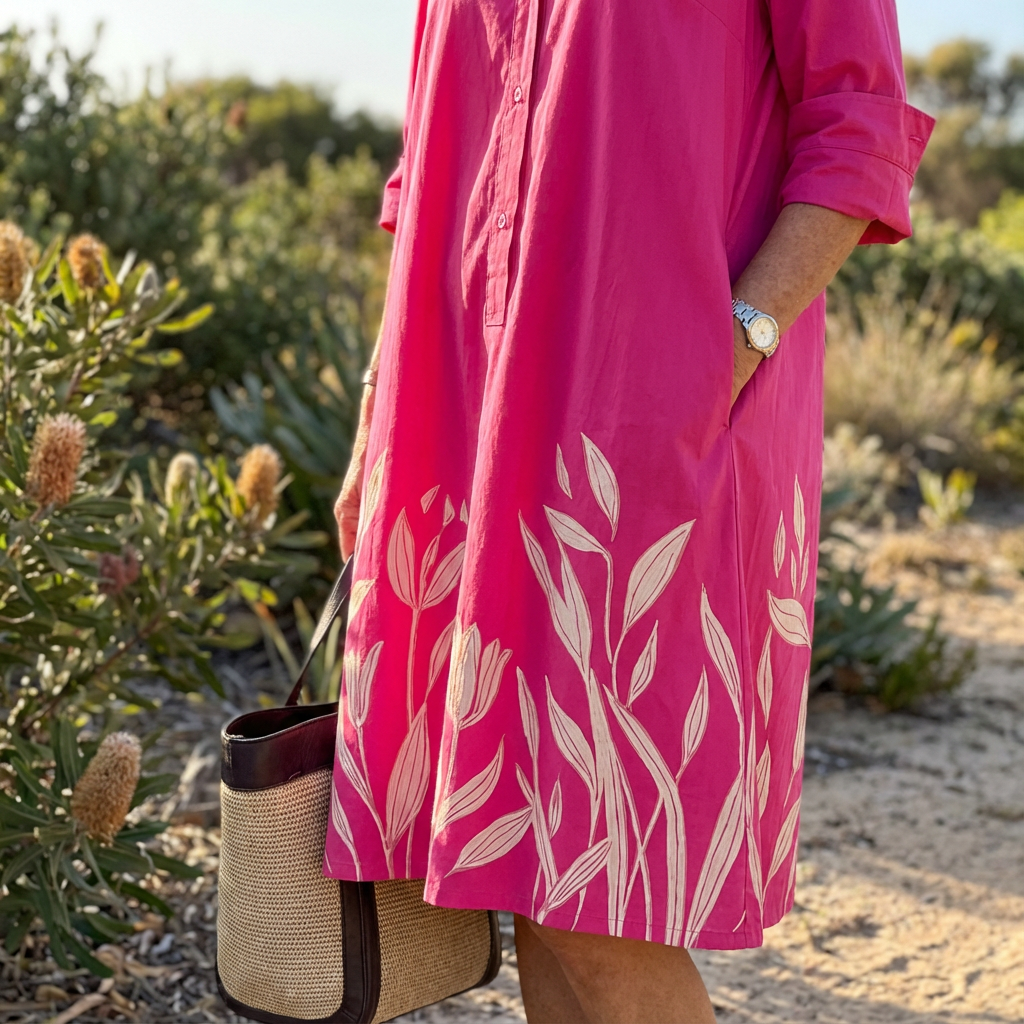 Luxe women's floral fuchsia midi dress. Effortlessly elegant button-down shirt dress for any summer occasion.