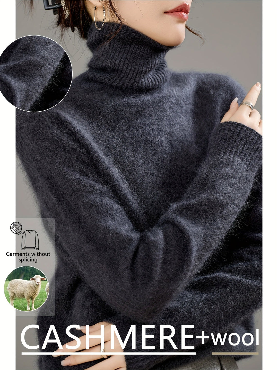 Warm women's turtleneck sweater in classic winter hue. Cozy and stylish for any cold weather occasion.