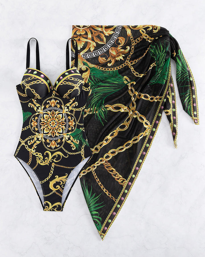 Women's elegant baroque jewel print swimsuit & wrap skirt set. Luxurious chain print beachwear for summer and resort.
