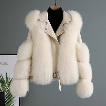 Chic beige women's warm outerwear jacket, luxurious and cozy for elegant winter wear.