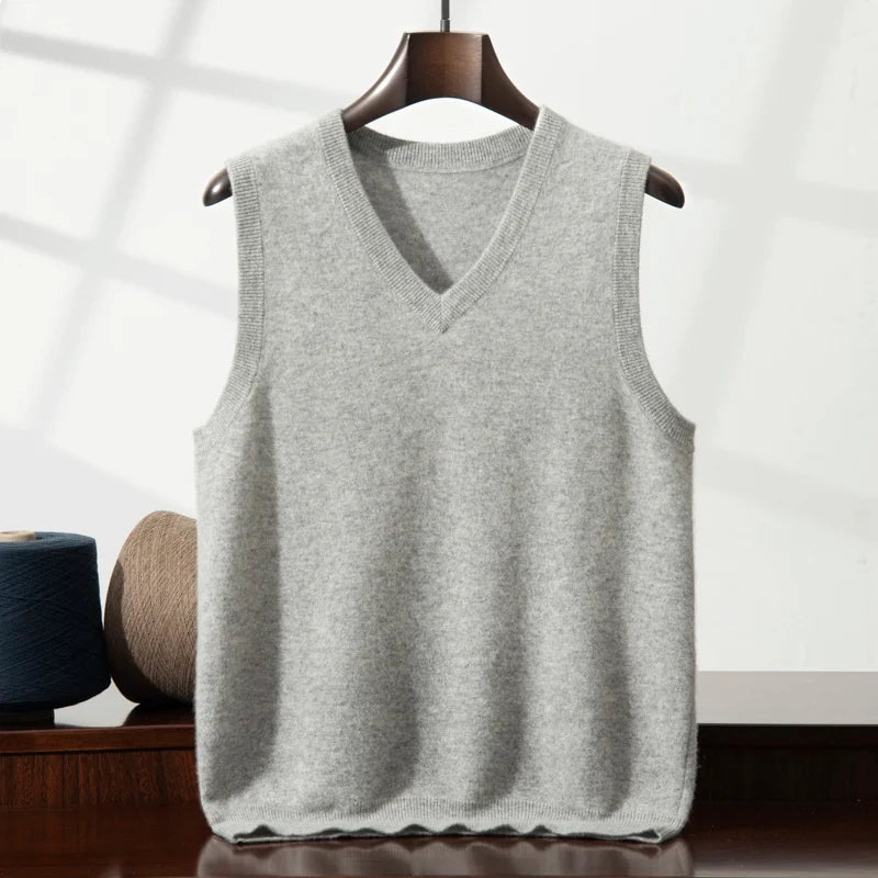 Luxurious women's pure cashmere vest with an incredibly soft knit texture, ideal for sophisticated layering.