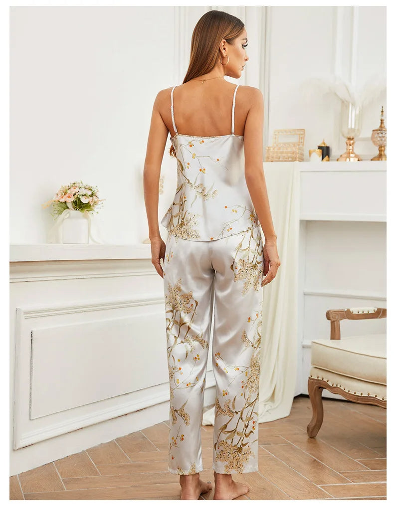 Detail of elastic waistband on women's luxurious satin floral lounge bottoms. Comfortable relaxed fit.
