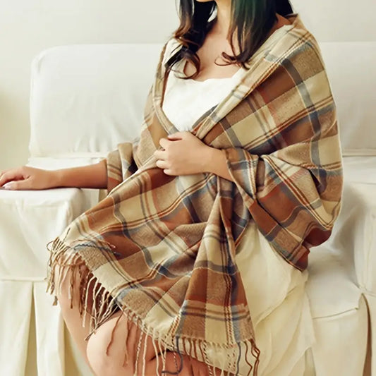 Women's luxurious soft cashmere check scarf, ideal for warmth & elegant winter style.