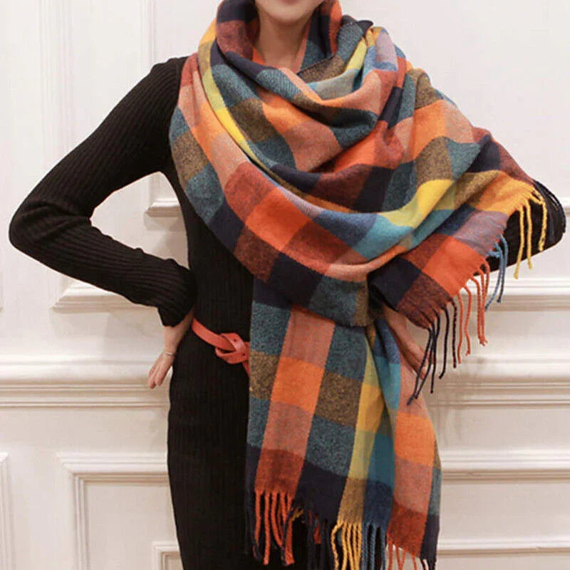 Hand-crafted soft women's cashmere check scarf, warm and a luxurious winter fashion accessory.