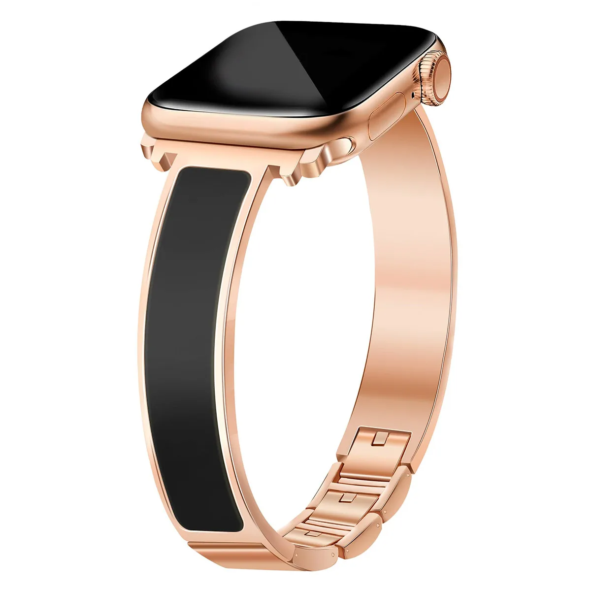Women's luxury Apple Watch cuff band with polished stainless steel and elegant enamel inlay.