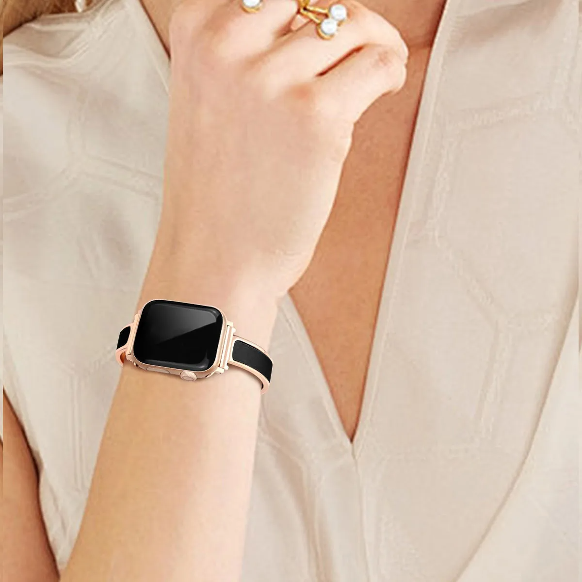 Women's luxury Apple Watch cuff band, polished stainless steel with a smooth enamel inlay, for smartwatches.