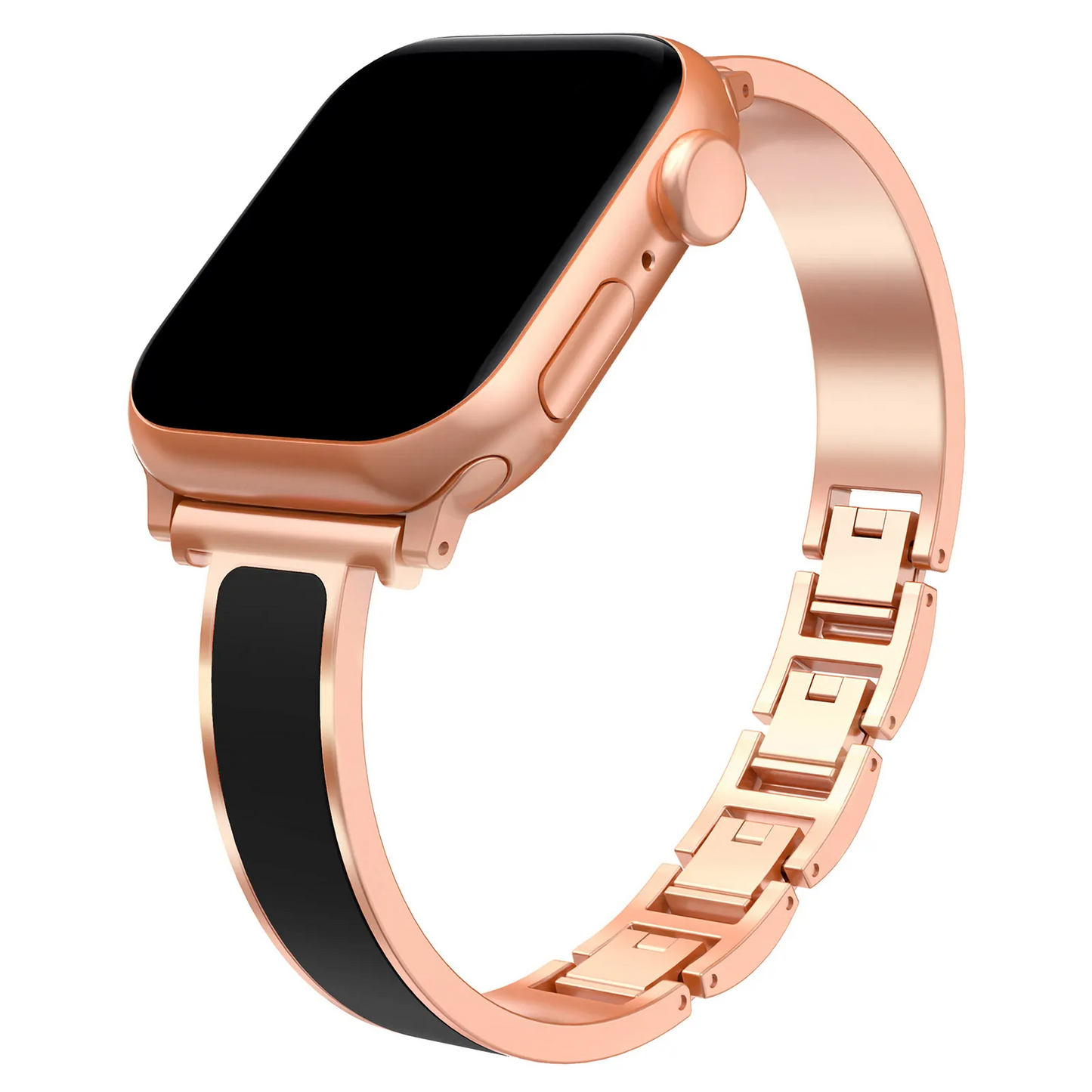 Polished stainless steel Apple Watch cuff band for women, a sleek and luxurious smartwatch accessory.