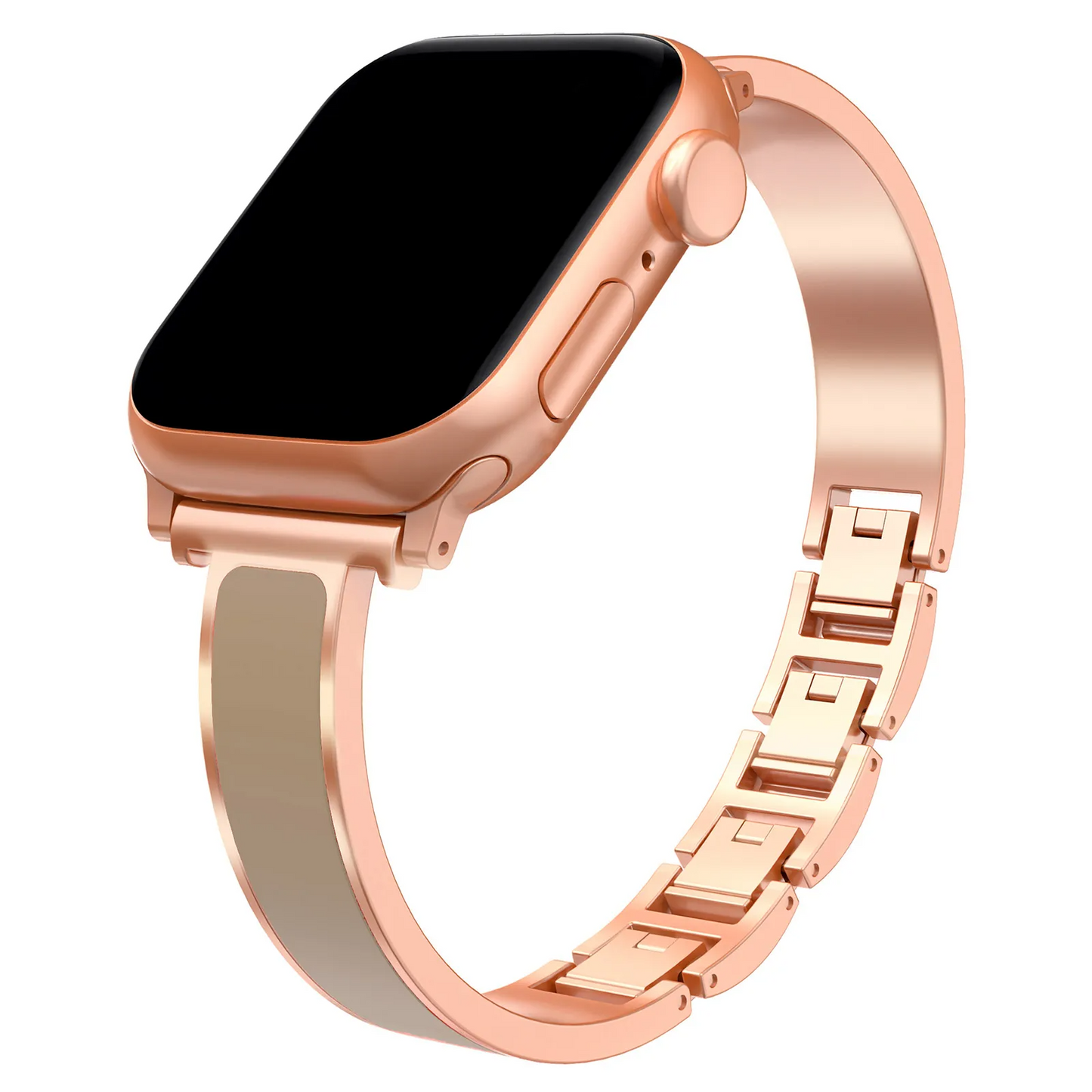 Elegant women's Apple Watch cuff band, a fashion-forward luxury accessory with a sleek polished finish.