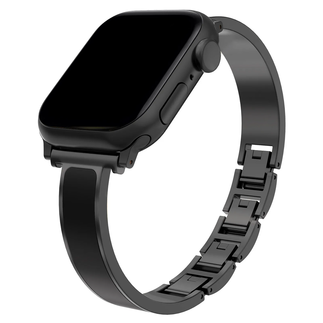 Luxury women's Apple Watch band featuring polished stainless steel and sophisticated enamel inlay.