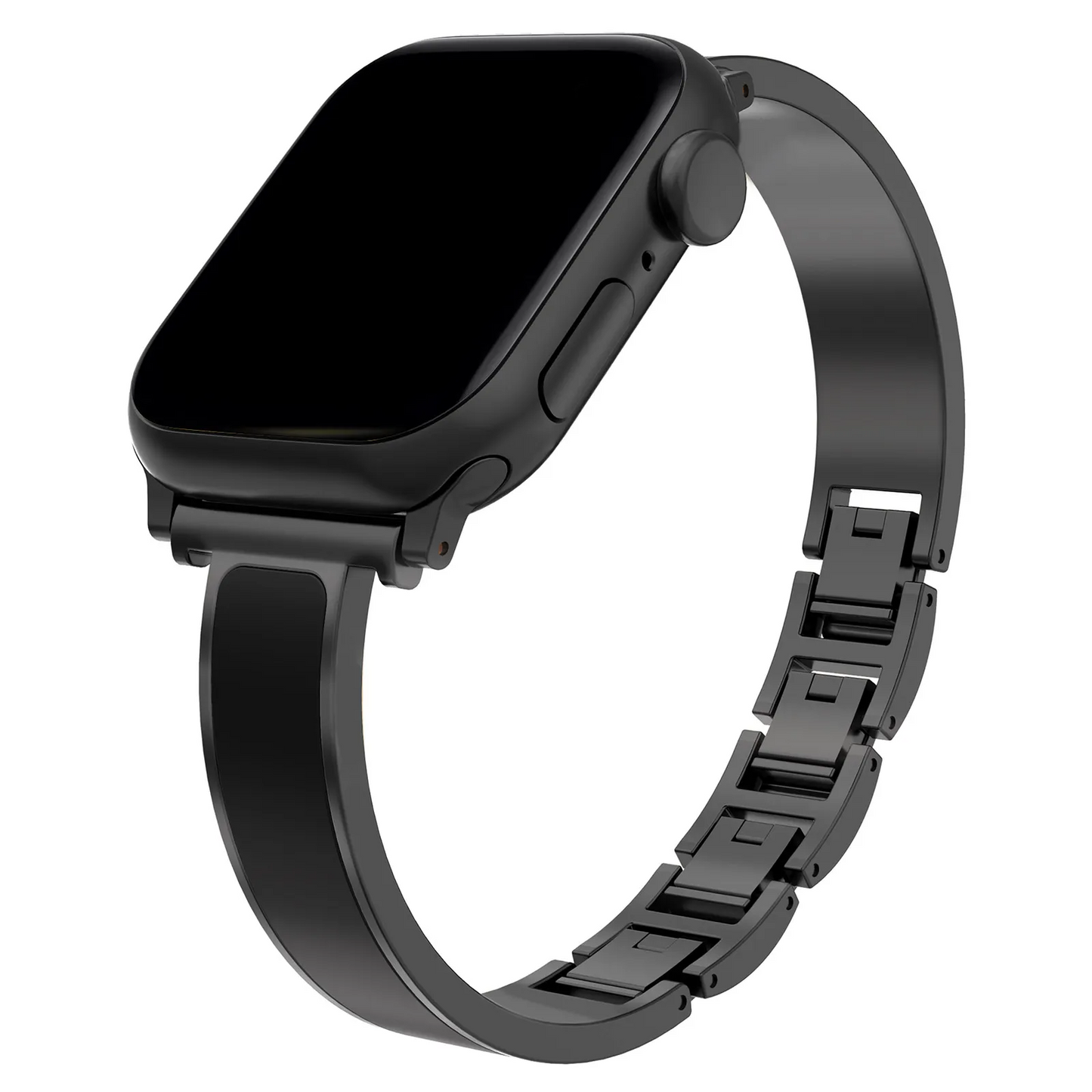 Luxury women's Apple Watch band featuring polished stainless steel and sophisticated enamel inlay.