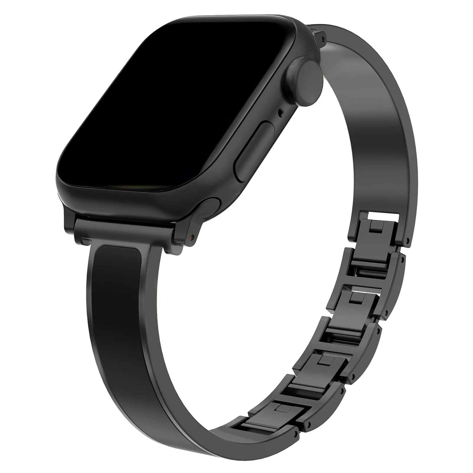 Luxury women's Apple Watch band featuring polished stainless steel and sophisticated enamel inlay.