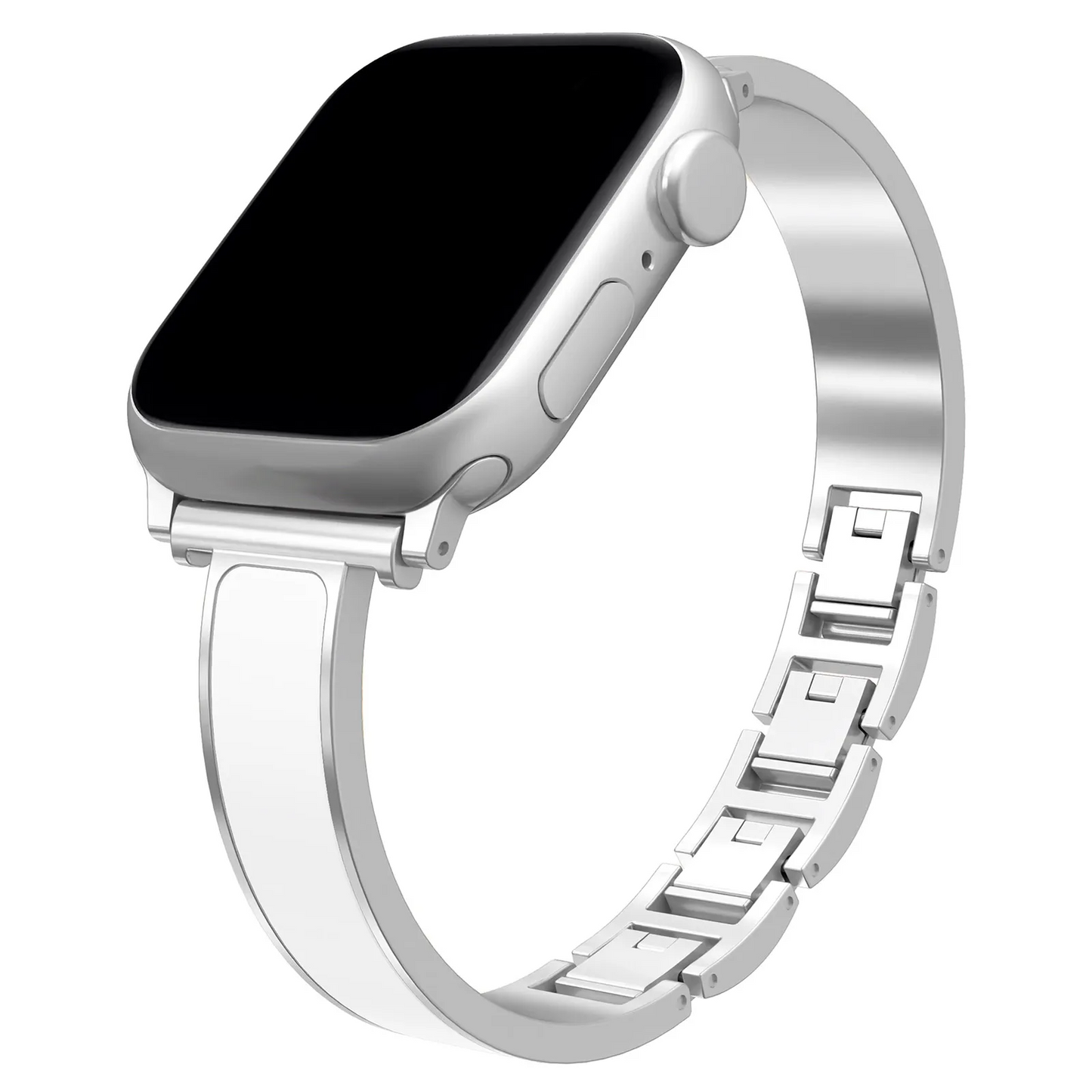 Women's polished stainless steel Apple Watch cuff band, a sleek and elegant smartwatch bracelet.