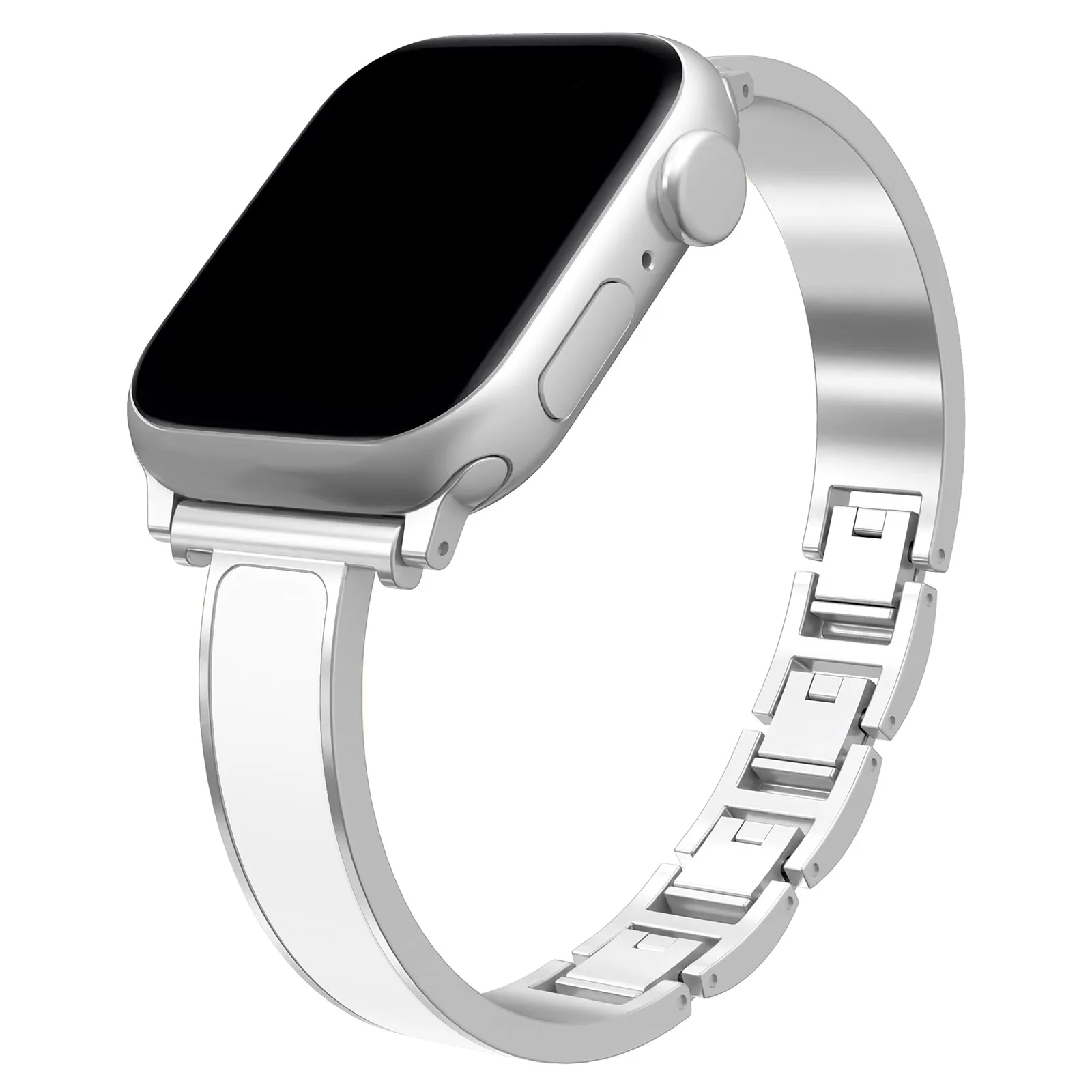 Women's polished stainless steel Apple Watch cuff band, a sleek and elegant smartwatch bracelet.