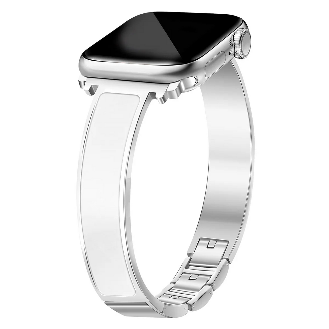 Fashionable women's Apple Watch band, a luxury polished stainless steel cuff with enamel detail.