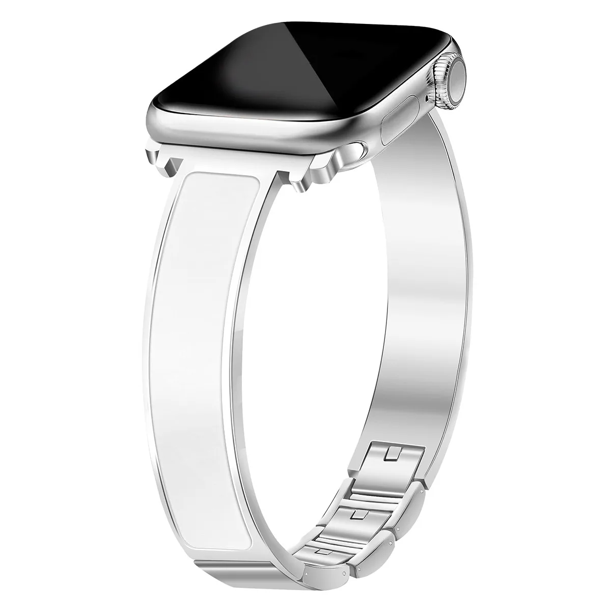Fashionable women's Apple Watch band, a luxury polished stainless steel cuff with enamel detail.