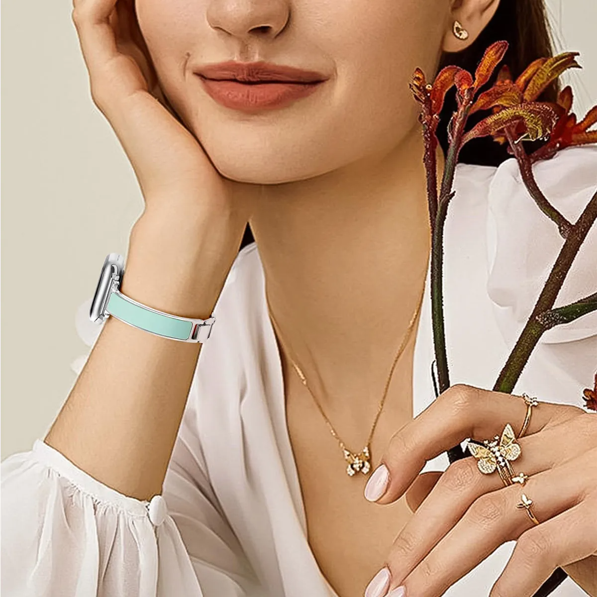 Luxury women's Apple Watch cuff band, a durable and polished stainless steel smartwatch bracelet.