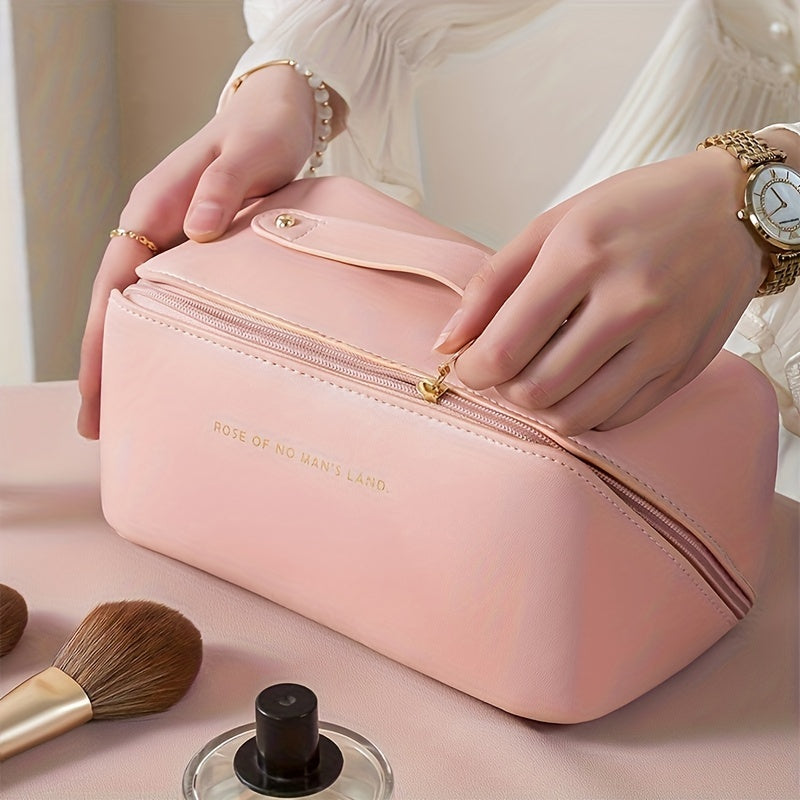 Essential women's luxury makeup organizer bag, a zippered PU leather travel pouch for on-the-go beauty.