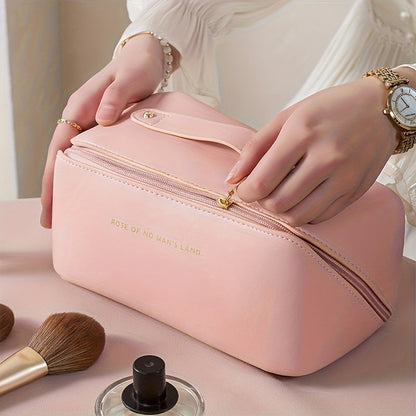 Essential women's luxury makeup organizer bag, a zippered PU leather travel pouch for on-the-go beauty.