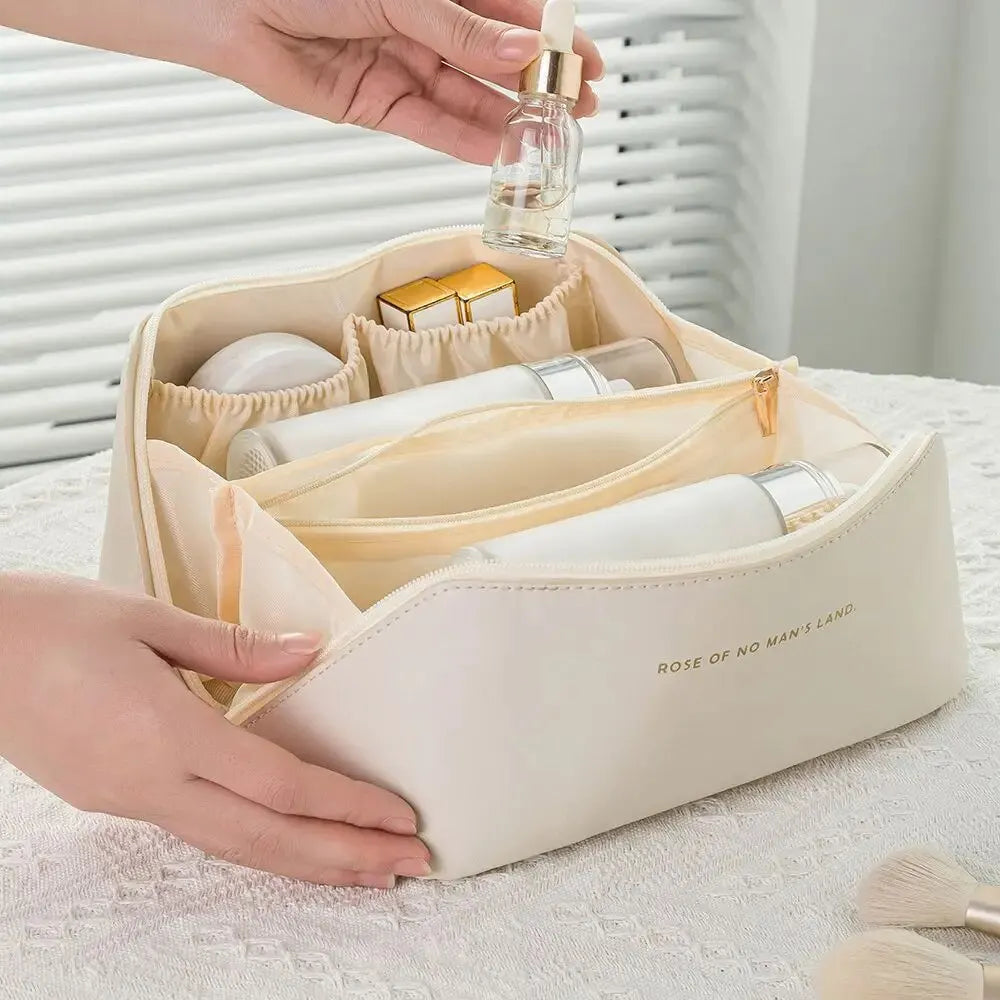 High-quality women's luxury makeup organizer travel bag, a versatile zippered PU leather toiletry pouch.