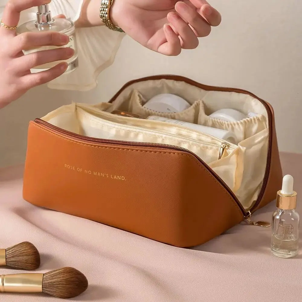 Neat storage for women's beauty accessories: a luxury zippered PU leather travel makeup organizer bag.