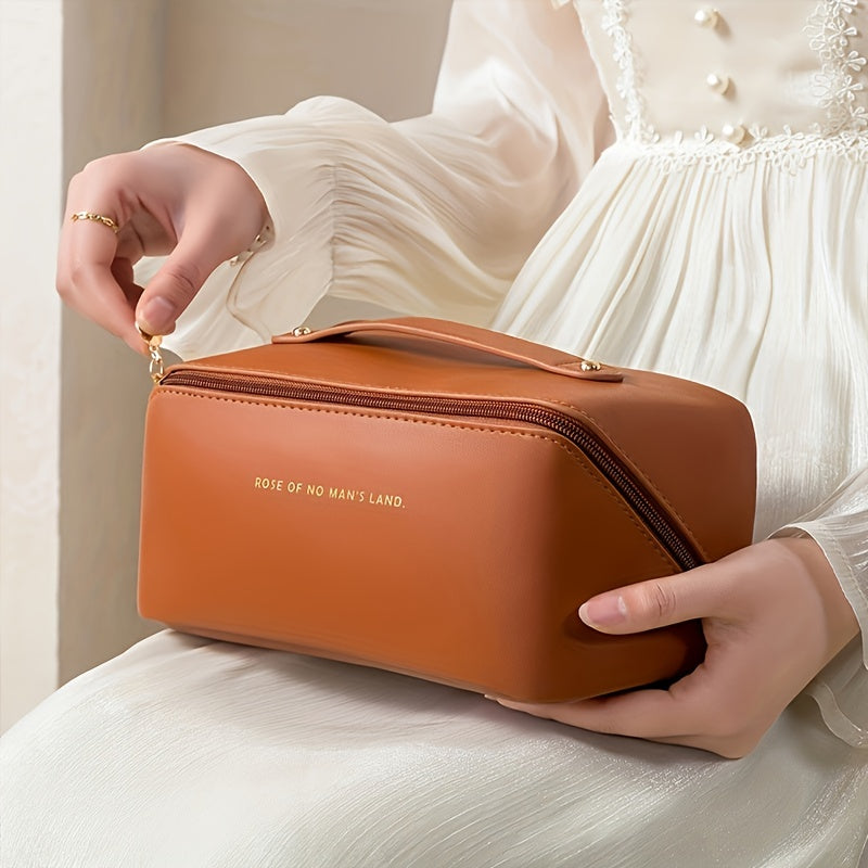 Stylish PU leather beauty organizer bag for women, ideal for travel makeup storage with zipper closure.