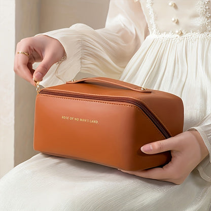 Stylish PU leather beauty organizer bag for women, ideal for travel makeup storage with zipper closure.
