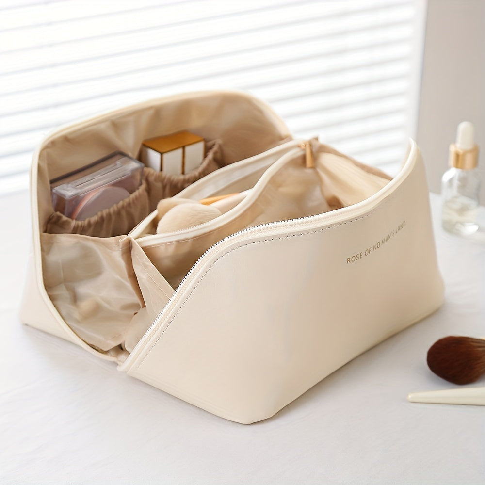 Elegant women's waterproof PU leather makeup travel bag, a zippered cosmetic organizer for beauty items.