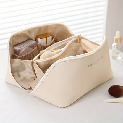 Elegant women's waterproof PU leather makeup travel bag, a zippered cosmetic organizer for beauty items.