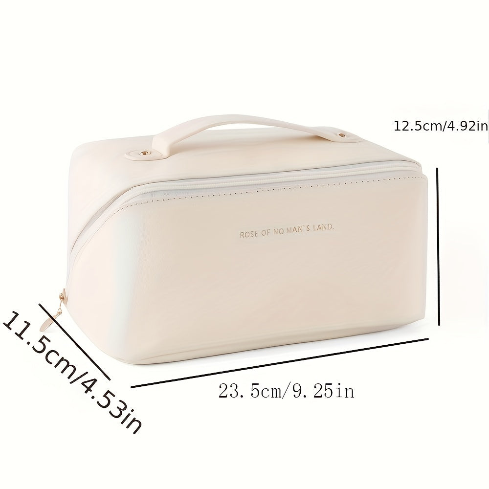Durable women's luxury travel makeup organizer, a zippered PU leather toiletry bag for all beauty needs.