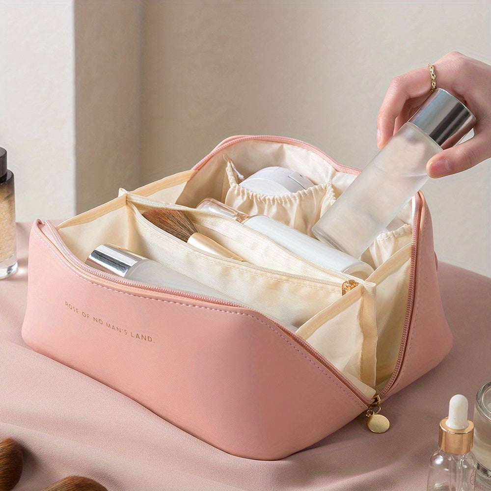 Stylish women's travel cosmetic case, an efficient zippered makeup organizer bag made of luxury PU leather.