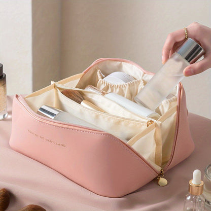 Stylish women's travel cosmetic case, an efficient zippered makeup organizer bag made of luxury PU leather.