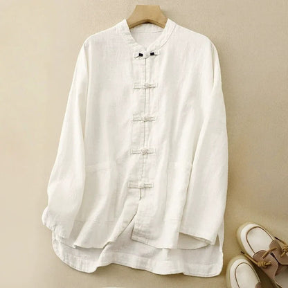 Elegant women's Madina flowy button-front shirt with relaxed fit. Chic long-sleeve blouse for spring/summer fashion.