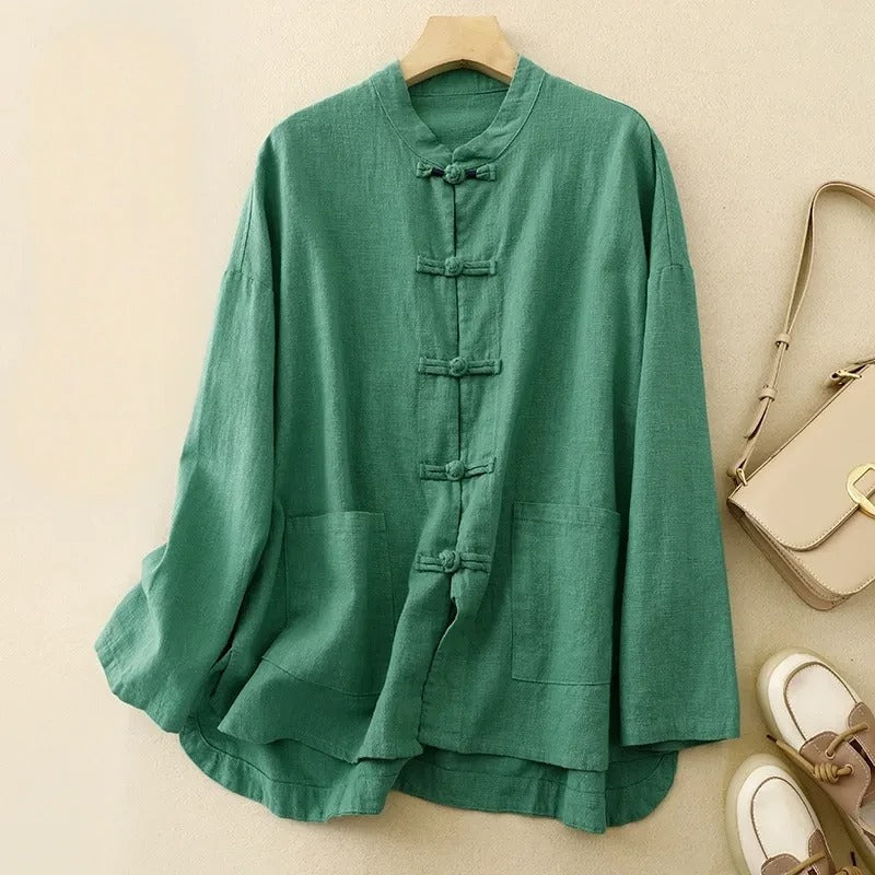 Casual women's Madina flowy button-front shirt. Relaxed long-sleeve top, perfect for everyday wear & spring/summer.